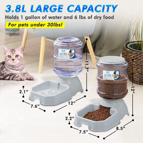2 Pack Cat Feeder Automatic and Water Dispenser for Dogs Pets, 1 Gallon Gravity Feed Water Bowl Waterer for Small Medium Cats Auto Pet Waterer Replenish