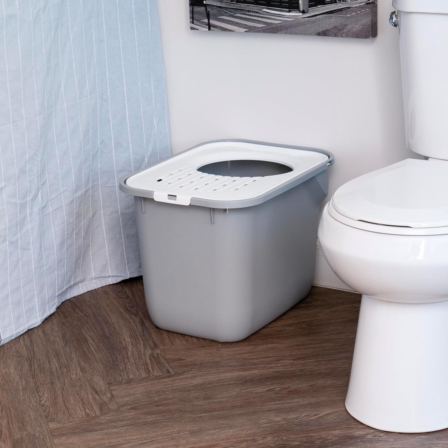 Cat Litter Box Large Top Entry with Lid, Enclosed Litter Box with Litter Catching Lid & Scoop, Covered Cat Litter Box Enclosure for Privacy, High Sided, Gray/White