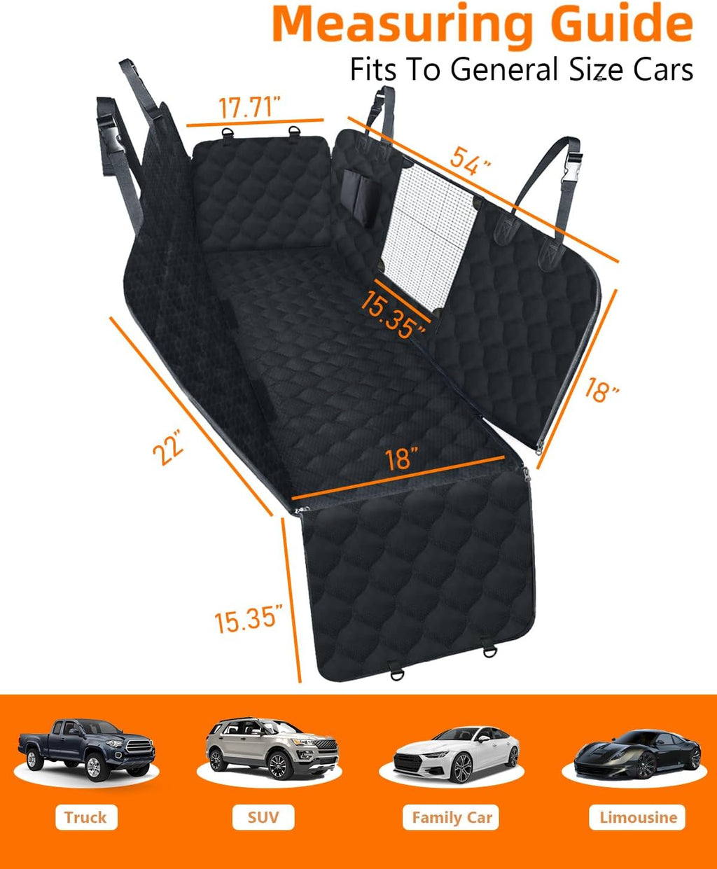 Dog Car Seat Cover with Mesh Window, 100% Waterproof Pet Seat Cover for Back Seat, Scratchproof Dog Hammock for Cars, Trucks, Suvs, Jeeps, Black