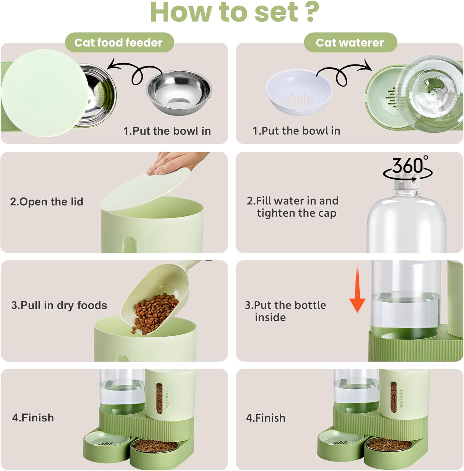 2 Pack Automatic Cat Feeder Stainless Steel Water Dispenser Gravity Food Feeder and Waterer Set with Pet Food Bowl for Small Medium Kitten Puppy Pets Large Capacity(Green)