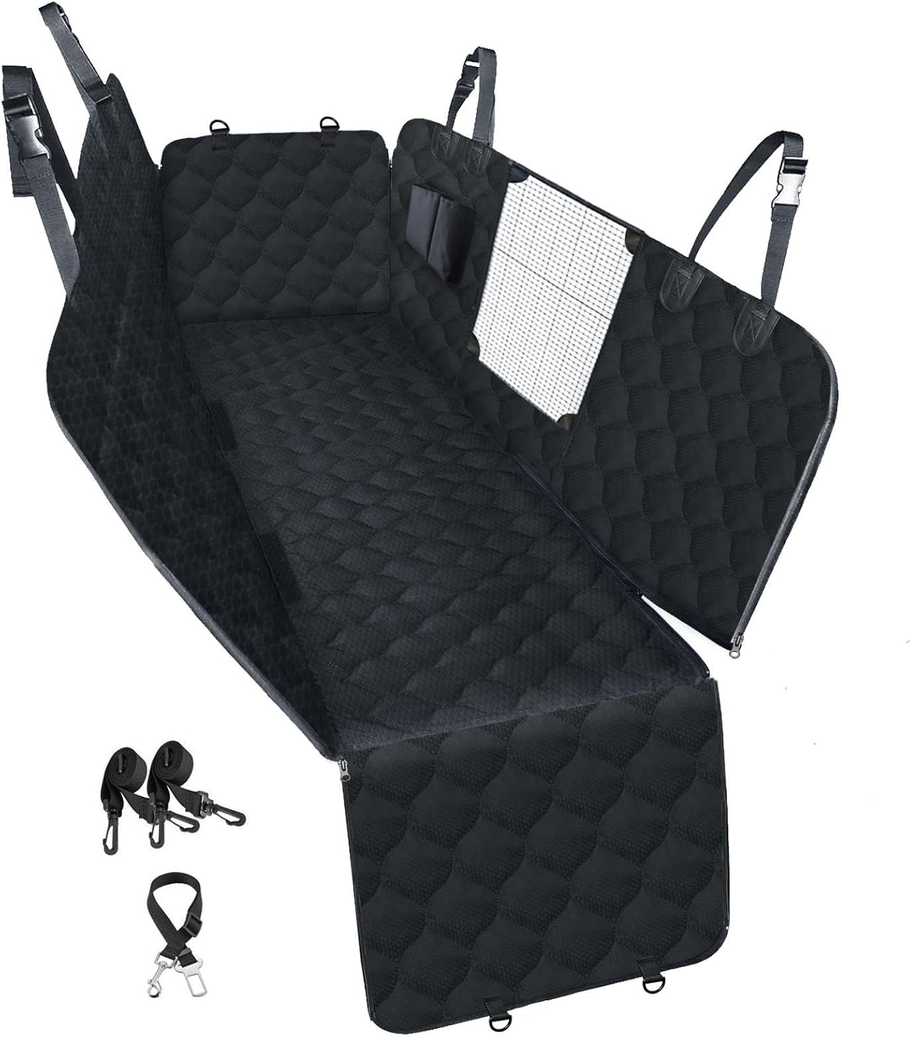Dog Car Seat Cover with Mesh Window, 100% Waterproof Pet Seat Cover for Back Seat, Scratchproof Dog Hammock for Cars, Trucks, Suvs, Jeeps, Black