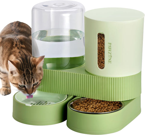 2 Pack Automatic Cat Feeder Stainless Steel Water Dispenser Gravity Food Feeder and Waterer Set with Pet Food Bowl for Small Medium Kitten Puppy Pets Large Capacity(Green)