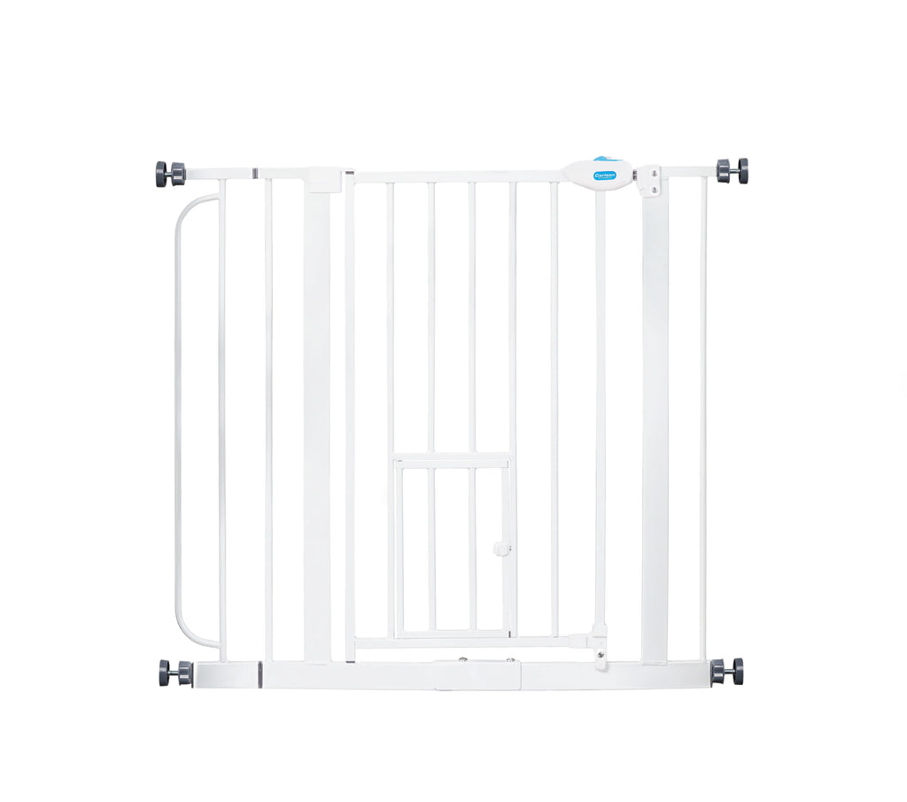 Metal Dog Gate with Walk-Through and Additional Small Door, 31" Tall, White