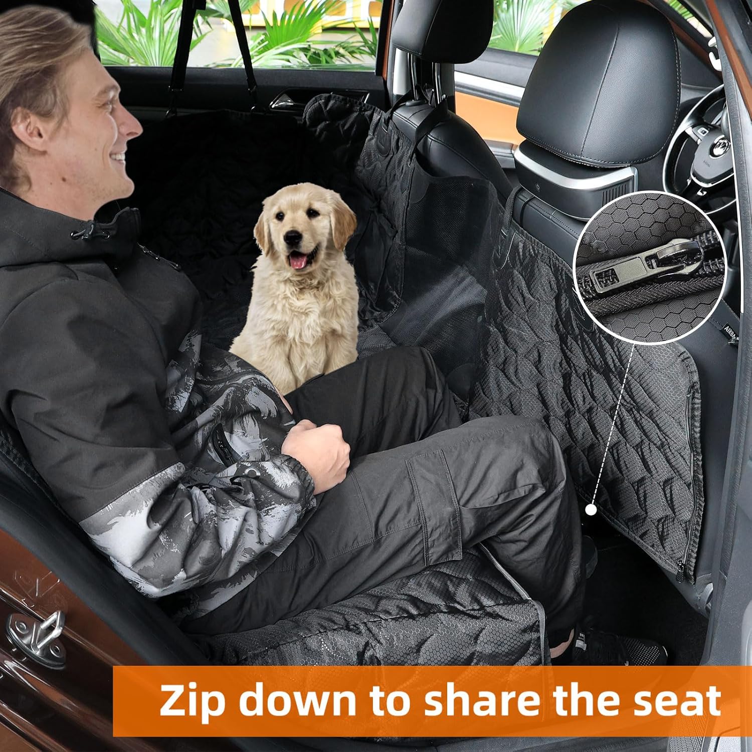 Dog Car Seat Cover with Mesh Window, 100% Waterproof Pet Seat Cover for Back Seat, Scratchproof Dog Hammock for Cars, Trucks, Suvs, Jeeps, Black