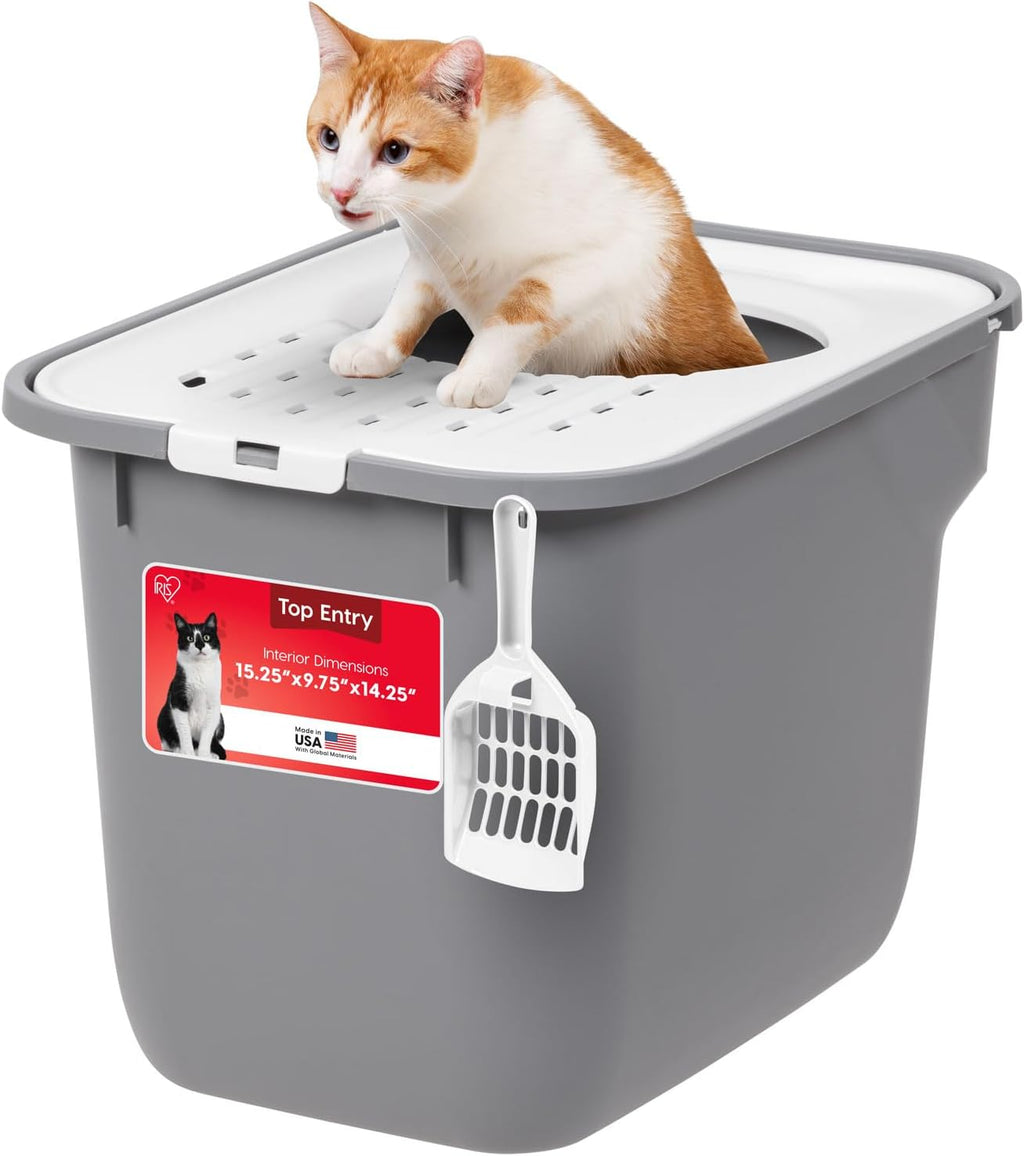 Cat Litter Box Large Top Entry with Lid, Enclosed Litter Box with Litter Catching Lid & Scoop, Covered Cat Litter Box Enclosure for Privacy, High Sided, Gray/White