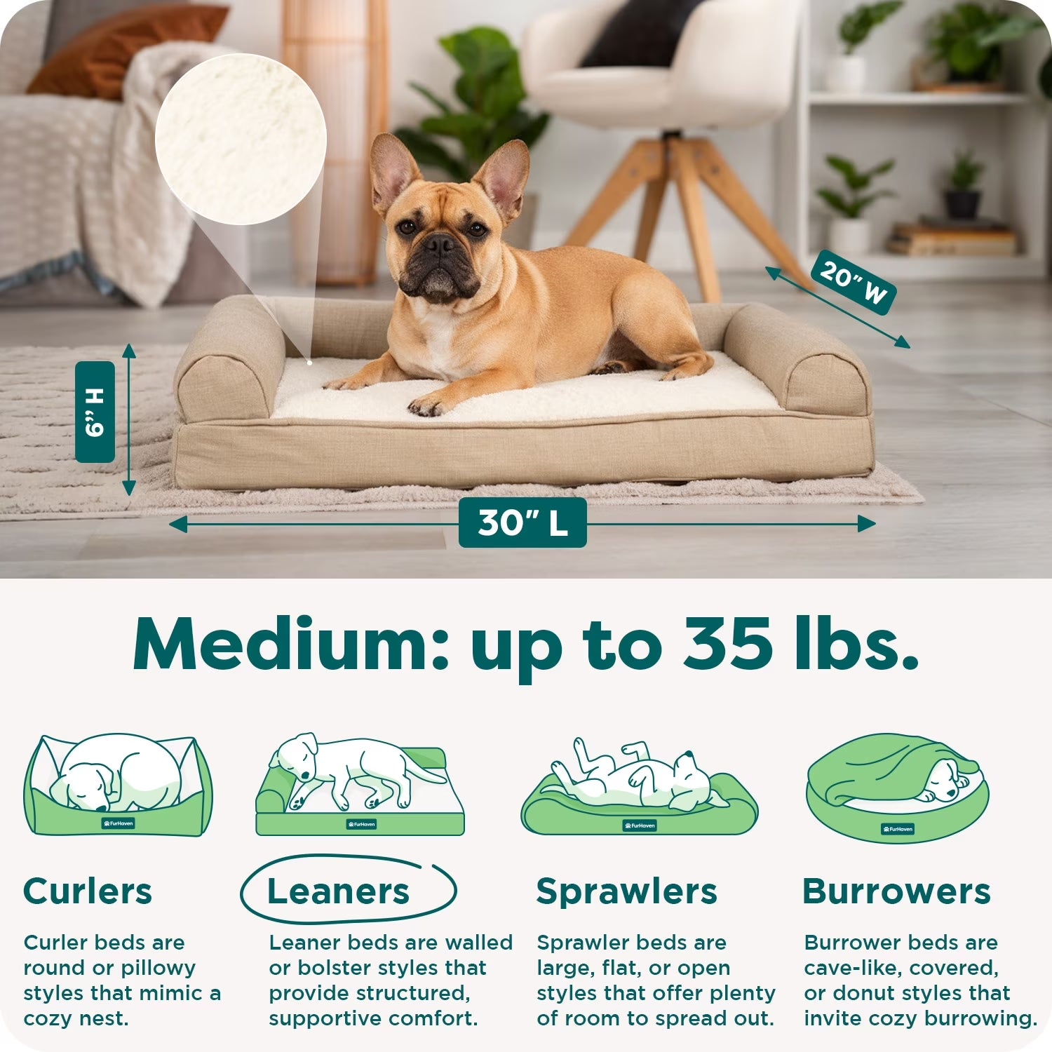 Pet Products Medium Plush & Performance Linen Orthopedic Sofa Dog Bed, Flax