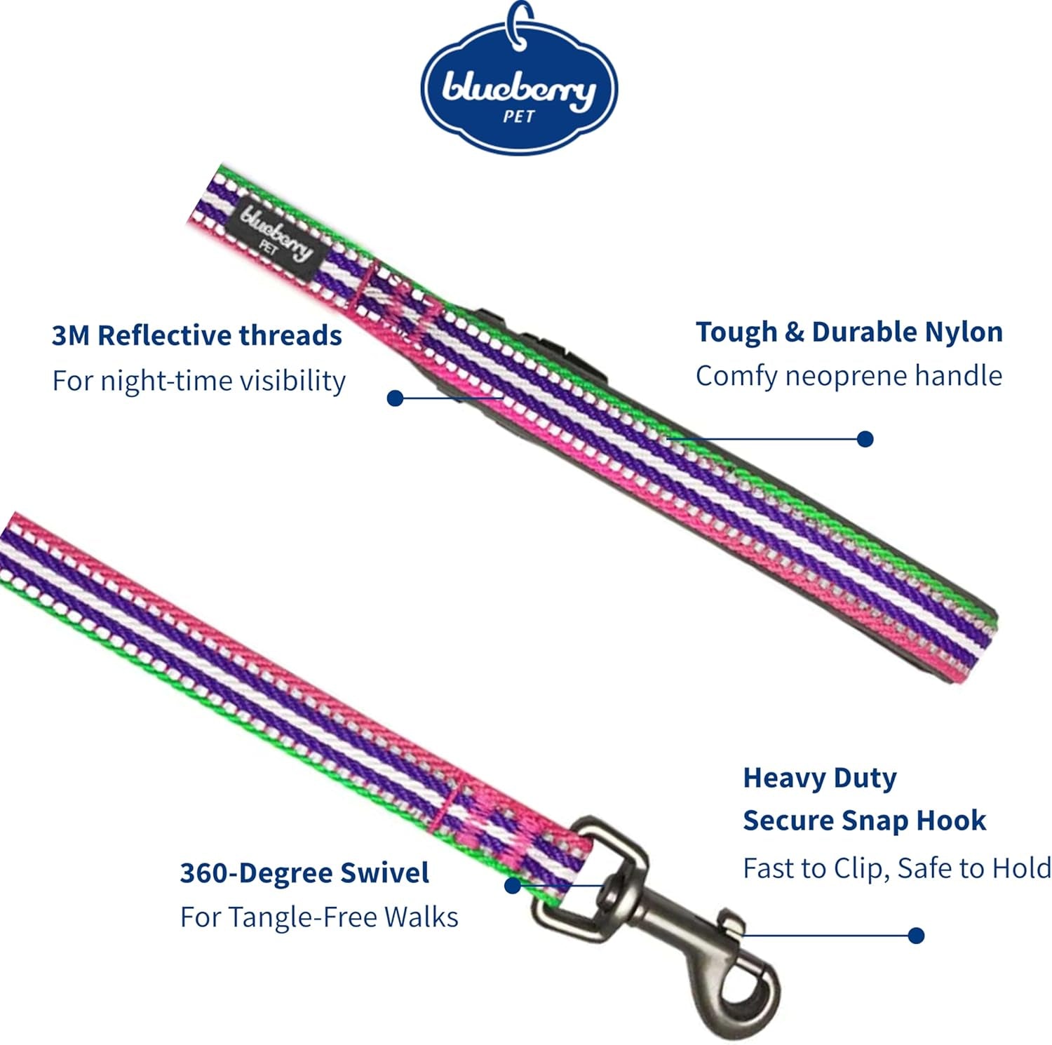 3M Reflective Dog Leash with Soft & Comfortable Handle | Strong Nylon/Multi-Colored Stripe - Pink, Emerald and Orchid