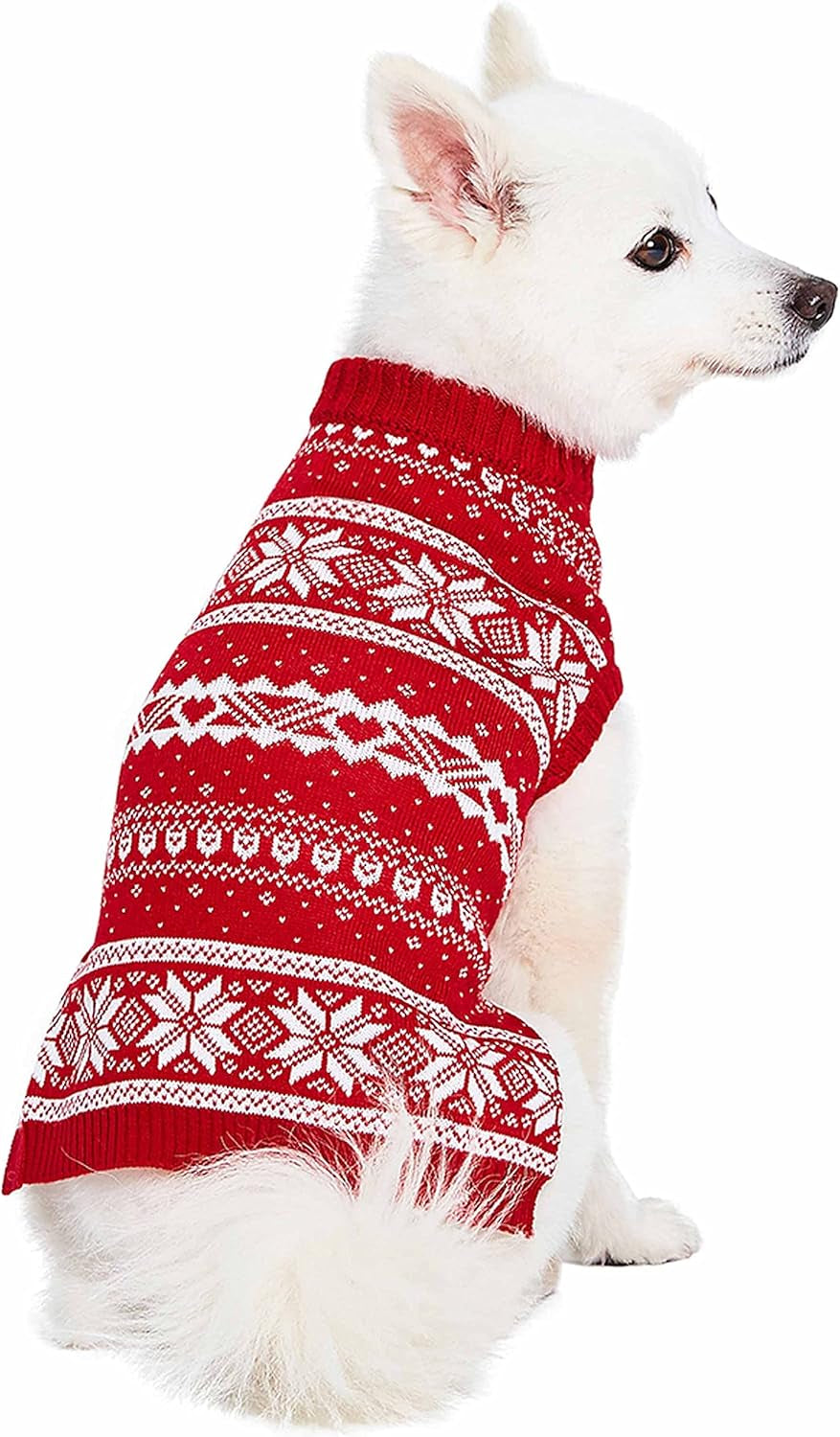 Ugly Christmas Snowflake Dog Sweater, Mockneck Fair Isle Clothes, Red, 22" Back Length, Warm Winter Accessories for Large Dogs, Award-Winning Petcare Brand